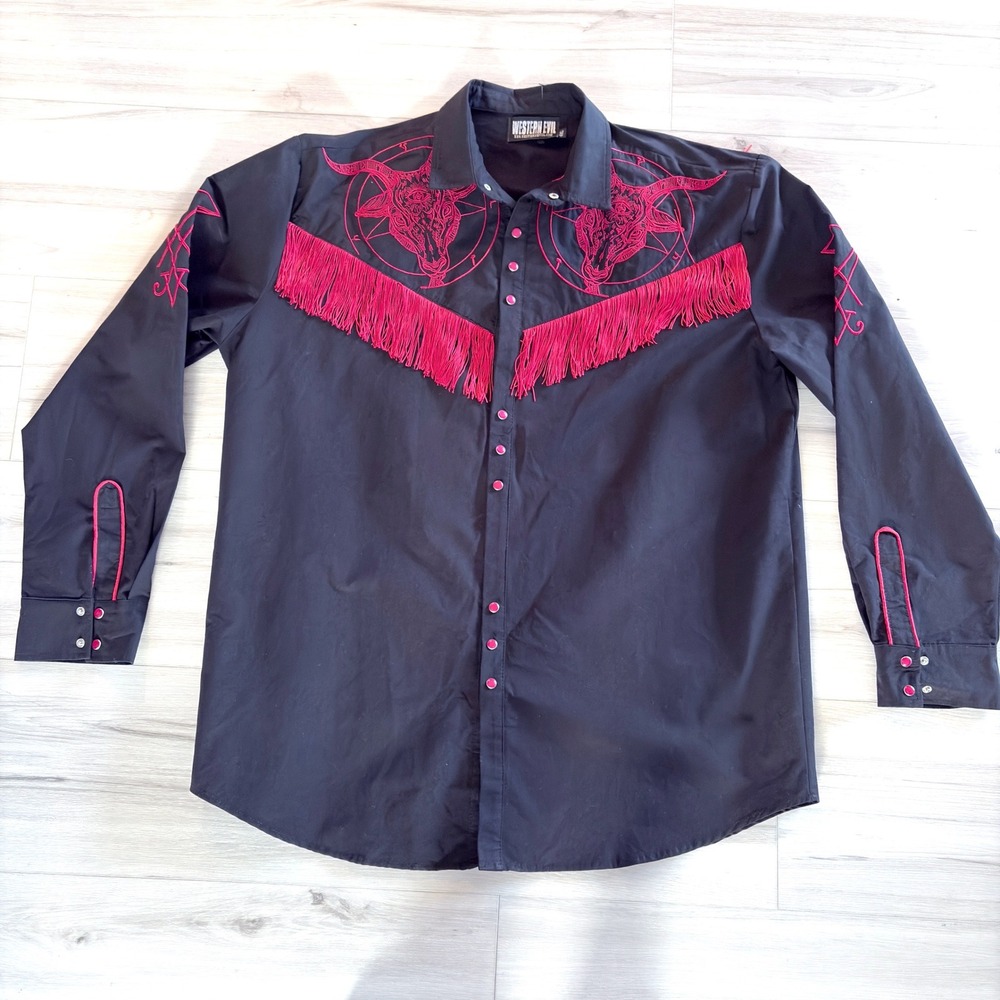 Western Evil Fringe Snap Shirt Black Red Occult Bull Embroidered Mens XL